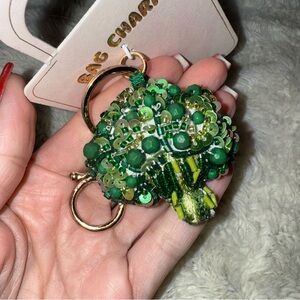 Anthropologie Green Beaded Bag charm key chain broccoli rhinestone beads